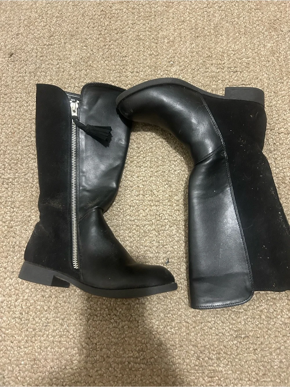 Black Leather Knee-High Boots with Tassel Detail